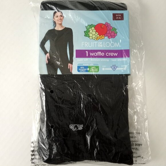 NEW Fruit of the Loom Womens S 4 - 6 Black Waffle Crew Thermal Top - Picture 1 of 4